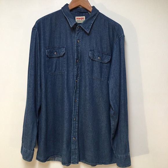 Wrangler Authentic Men XLT Tall Shirt Blue Denim Button Up 100% Cotton Western - Picture 1 of 13